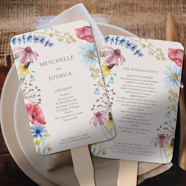 Wildblumen-Charm Land-Hochzeitsprogramm Fächer (Program Fans with wildflower border and editable information on the front and back)