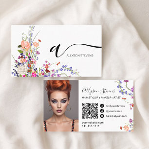 Wildblumen Chic Haar Make-up Foto Initial qr Code Visitenkarte