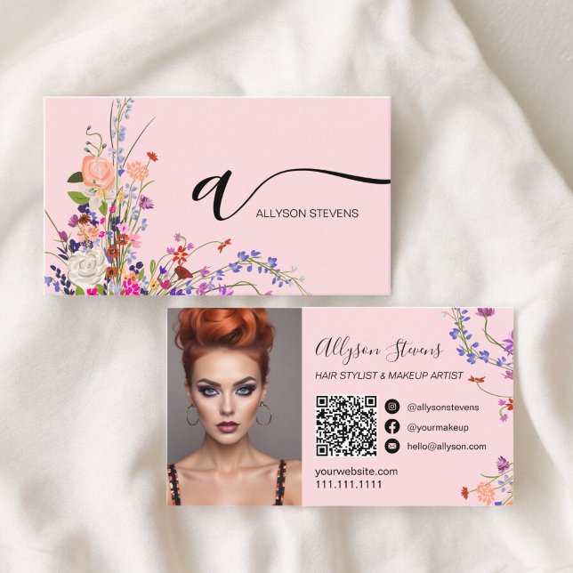 Wildblumen Chic Haar Make-up Foto Initial qr Code Visitenkarte (Wildflowers chic hair makeup photo initial qr code business card)