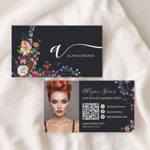 Wildblumen Chic Haar Make-up Foto Initial qr Code Visitenkarte