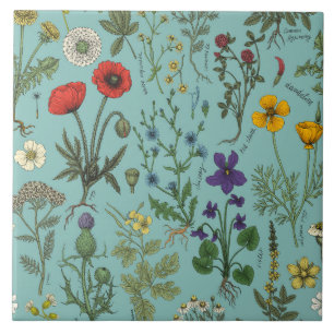Wildblumen-Collage auf Blau Fliese