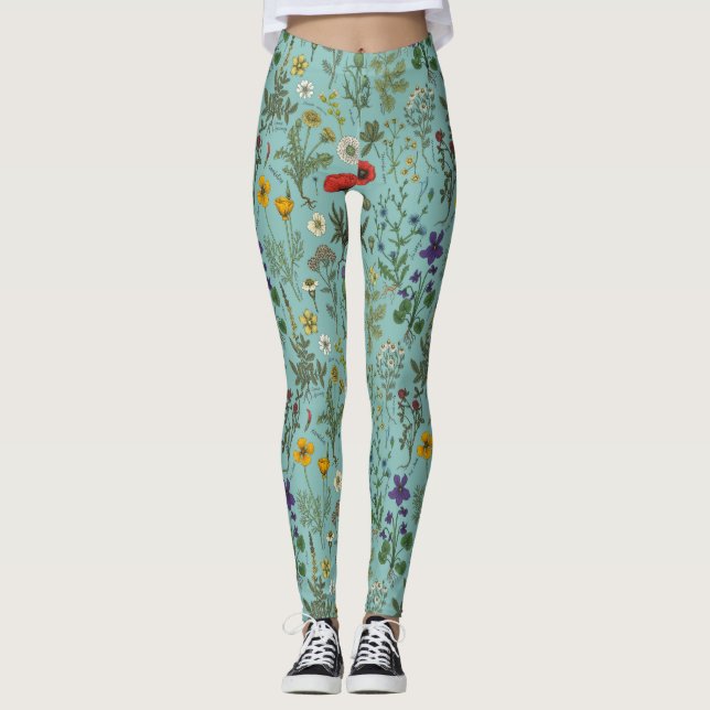 Wildblumen-Collage auf Blau Leggings (Vorderseite)