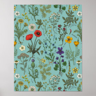 Wildblumen-Collage auf Blau Poster