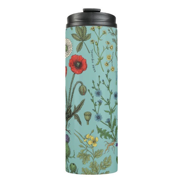Wildblumen-Collage auf Blau Thermosbecher (Vorderseite)