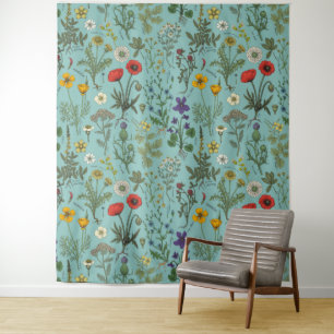 Wildblumen-Collage auf Blau Wandteppich