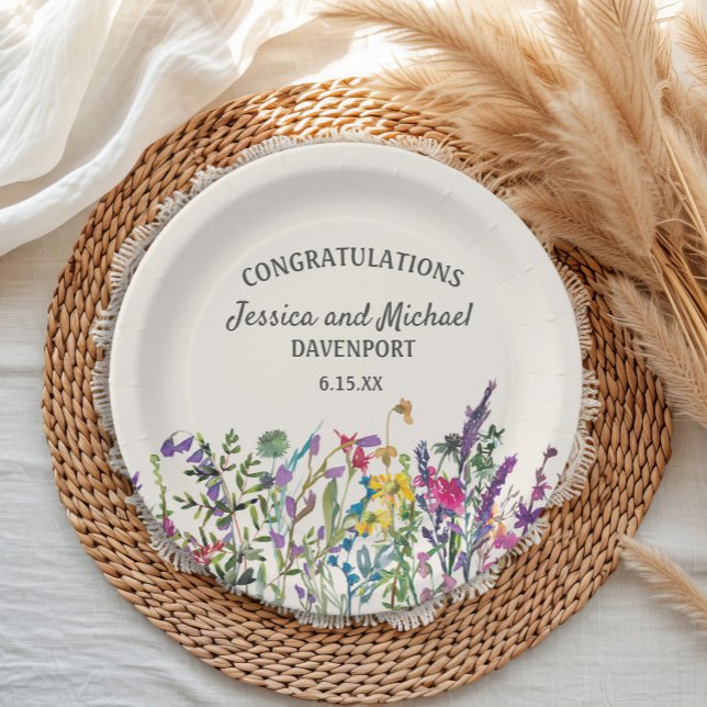 Wildblumen-Creme Pappteller (Custom watercolor wildflowers wedding/engagement paper plates)