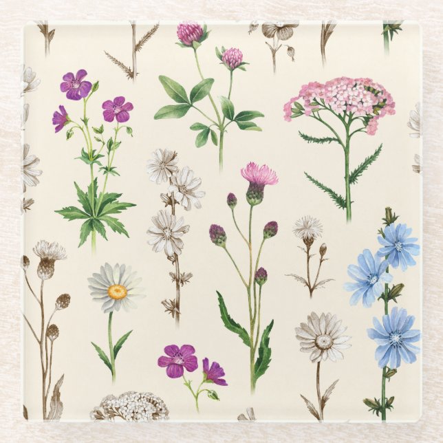 Wildblumen der Wasserfarbe. Glasuntersetzer (Vorderseite)