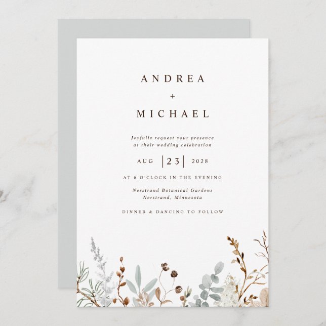 Wildblumen des Winterfeldes Botanische Hochzeit Einladung (Vorne/Hinten)