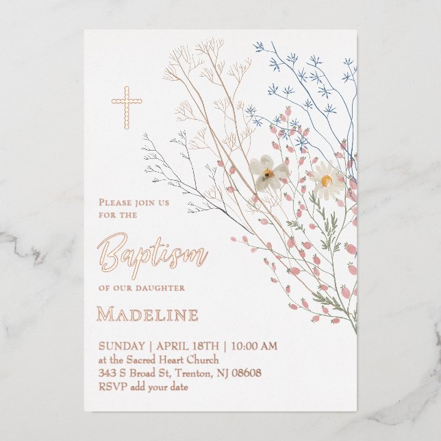 Wildblumen-Design Taufe Folieneinladung (Vorderseite)