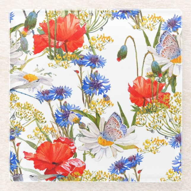 Wildblumen: Dunkelblau, wasserfarblos Glasuntersetzer (Vorderseite)