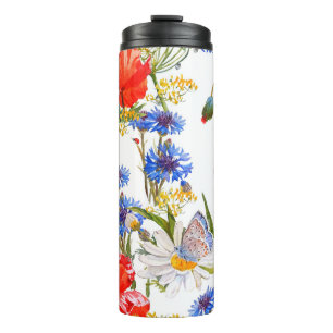 Wildblumen: Dunkelblau, wasserfarblos Thermosbecher