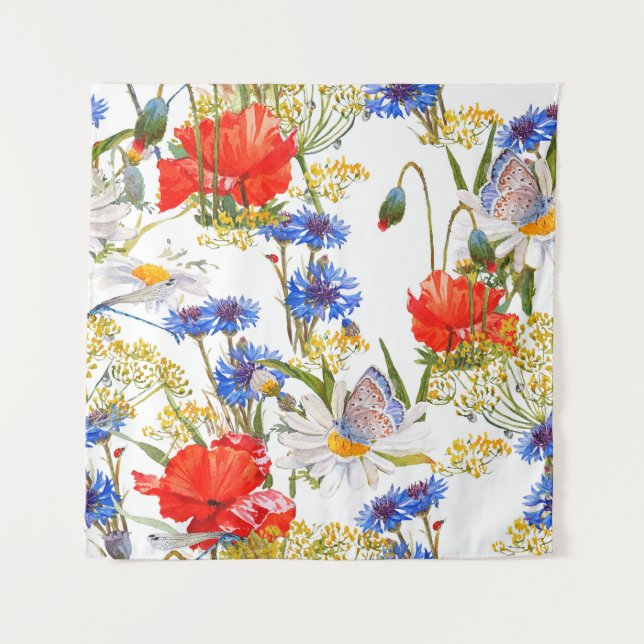 Wildblumen: Dunkelblau, wasserfarblos Wandteppich (Vorderseite)