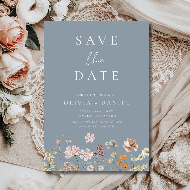 Wildblumen Dusty Blue Boho Save-the-Date-Karte Save The Date (Von Creator hochgeladen)