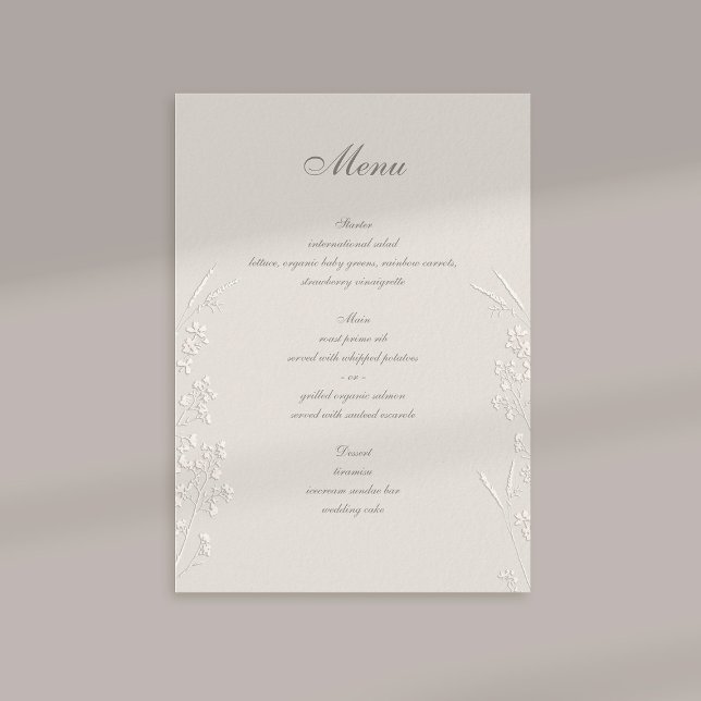 Wildblumen Ecru-Imitate Embossed feierliche Hochze Menükarte (formal wedding menu card traditional calligraphy ecru faux embossed wildflowers elegant classic)