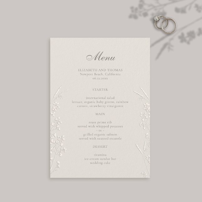 Wildblumen Ecru Imitats Embossed Classic Wedding Menükarte (formal wedding menu card traditional calligraphy ecru faux embossed wildflowers modern classic large)
