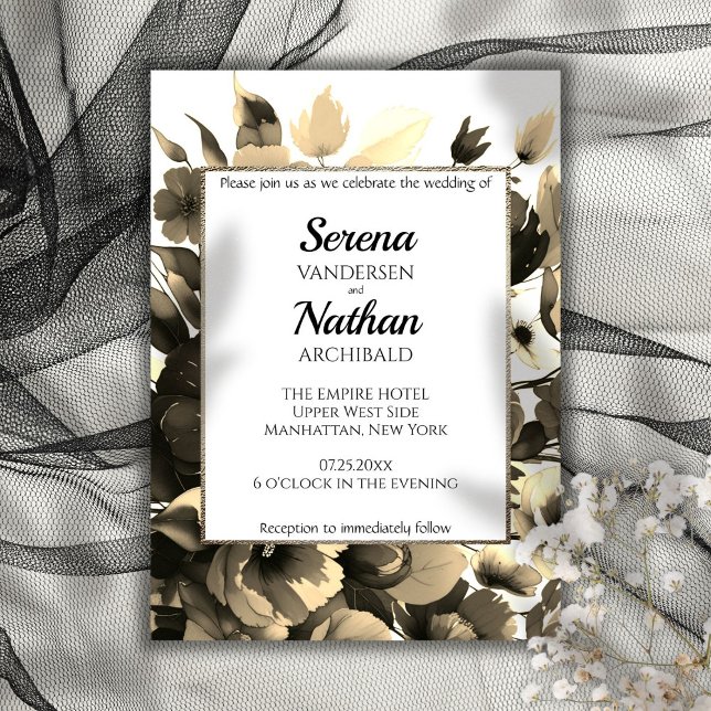 Wildblumen - Einladung zur Hochzeit (Classic style with a modern twist on the floral wedding invitation with sepia tones and gold framing)