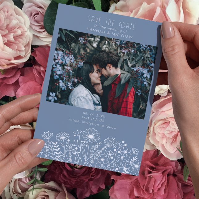 Wildblumen Elegant Dusty Blue Boho Foto Hochzeit Save The Date (Von Creator hochgeladen)