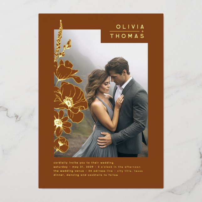 Wildblumen Elegante Terracotta Hochzeit Foto Folieneinladung (Vorderseite)