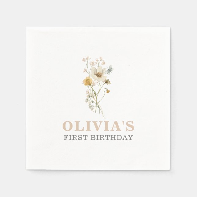 Wildblumen Eleganter Boho-Garten Erste Geburtstag Serviette (Vorderseite)
