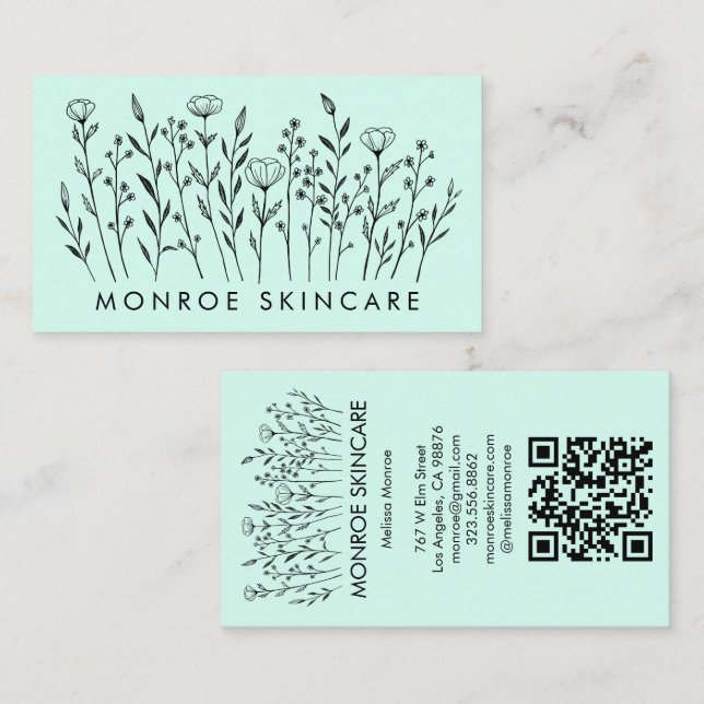Wildblumen Eleganter Line Art Chic Custom QR Code Visitenkarte (Vorne/Hinten)