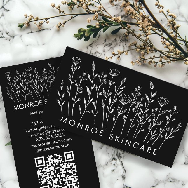 Wildblumen Eleganter Line Art Chic Custom QR Code Visitenkarte (Wildflowers Elegant Line Art Chic Custom QR Code Business Card
Black and White)