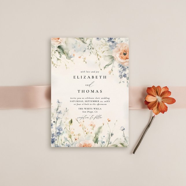 Wildblumen Fête Romantische Elegante Hochzeit im H Einladung (wildflower wedding theme invitation watercolor happy fall garden modern classic elegant formal)