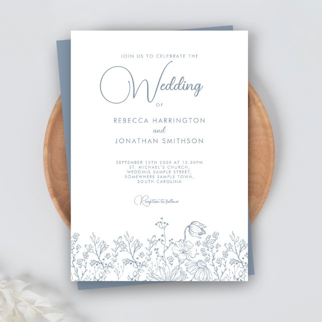 Wildblumen Floral Elegant Dusty Blue Wedding Einladung (Von Creator hochgeladen)
