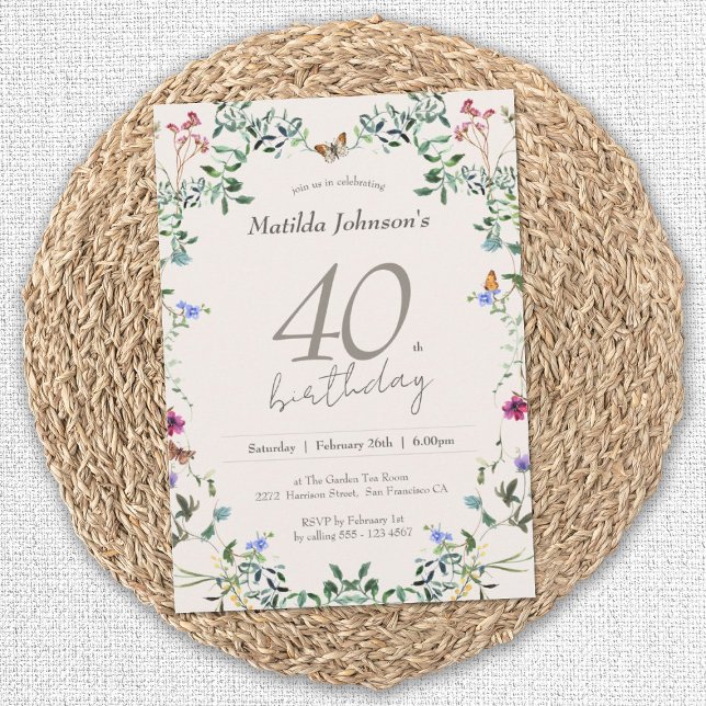 Wildblumen Floral Modernes 40. Geburtstag Party Einladung (Elegant 40th Birthday Wildflowers Floral Invitation)