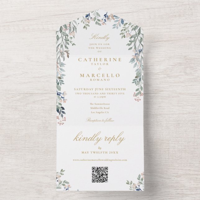 Wildblumen Floral QR Code Gold Hochzeit All In One Einladung (Innen Boden)