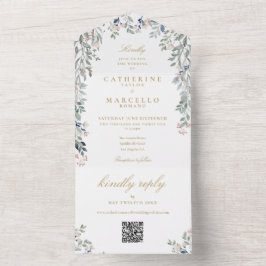 Wildblumen Floral QR Code Gold Hochzeit All In One Einladung