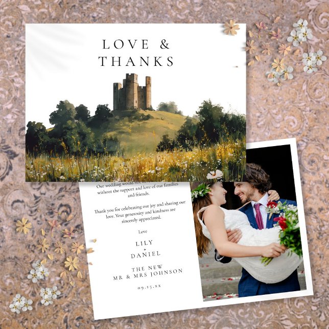 Wildblumen Florales Schloss Hochzeitsfoto Dankeskarte (Wildflowers Floral Castle Wedding Photo Thank You Card)