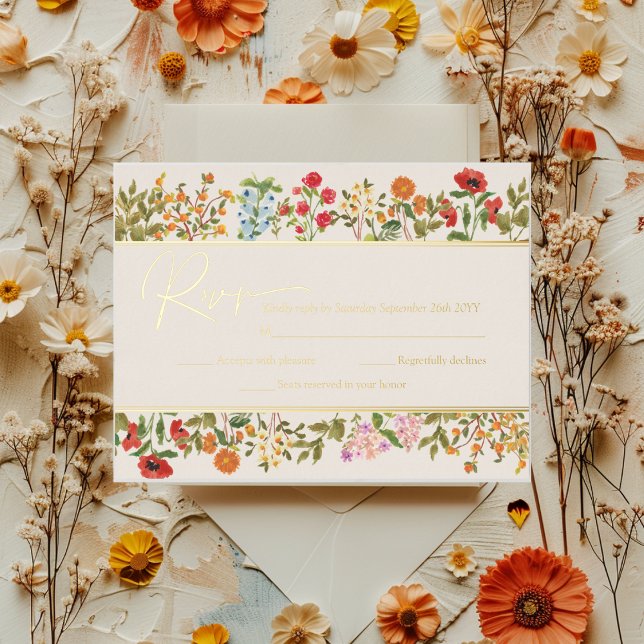 Wildblumen Florenz UAWG Folie Einladungspostkarte (Colorful Wildflowers Floral Garden RSVP Real Gold Foil Invitation Postcard)