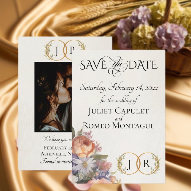 Wildblumen, Foto & Blatt-Monogramm - Elfenbein Save The Date (Von Creator hochgeladen)