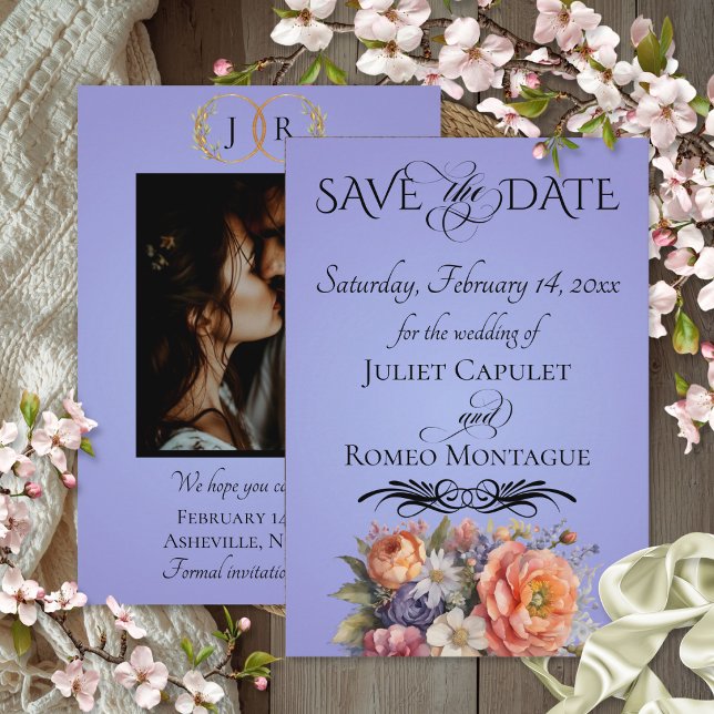 Wildblumen, Foto & Blatt-Monogramm - Himmelblau Save The Date (Von Creator hochgeladen)