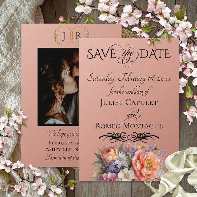 Wildblumen, Foto & Blatt-Monogramm - Roségold Save The Date (Von Creator hochgeladen)