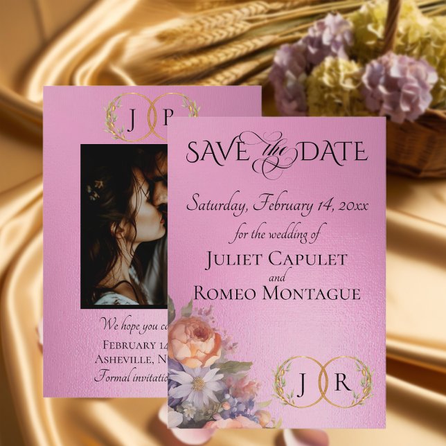 Wildblumen, Foto & Blatt-Monogramm - Rosenpink Save The Date (Von Creator hochgeladen)
