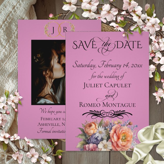 Wildblumen, Foto & Blatt-Monogramm - Rosenpink Save The Date (Von Creator hochgeladen)