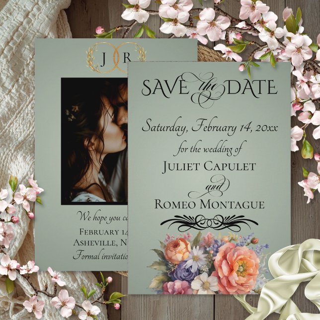 Wildblumen, Foto & Blatt-Monogramm - Salbei Save The Date (Von Creator hochgeladen)