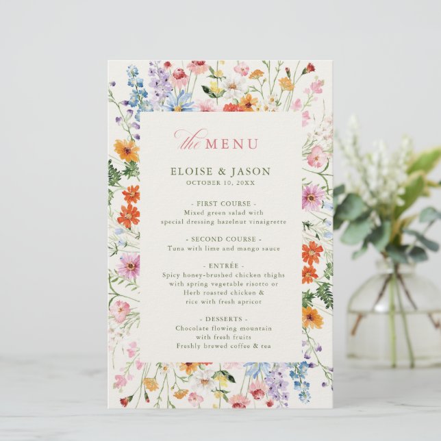 Wildblumen-Frühlingswiese-Garten-Boho-Hochzeitsmen (Stehend Vorderseite)