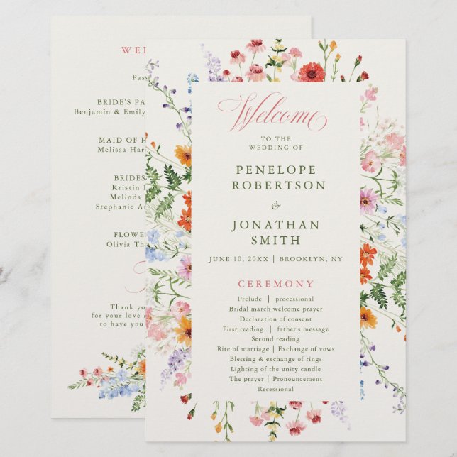 Wildblumen-Frühlingswiese-Garten-Hochzeitsprogramm (Vorne/Hinten)