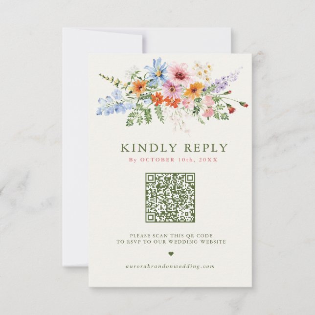 Wildblumen-Frühlingswiese-Garten-QR-Code-Hochzeit RSVP Karte (Vorderseite)