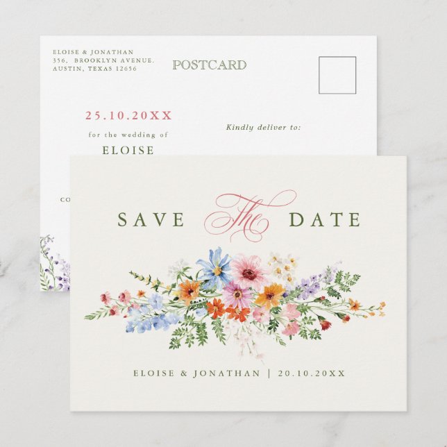 Wildblumen-Frühlingswiese-Garten Save-the-Date  Postkarte (Vorne/Hinten)