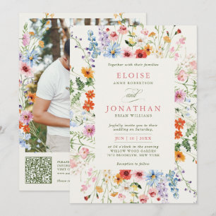 Wildblumen-Frühlingswiesen-Garten-Foto-QR-Hochzeit Einladung