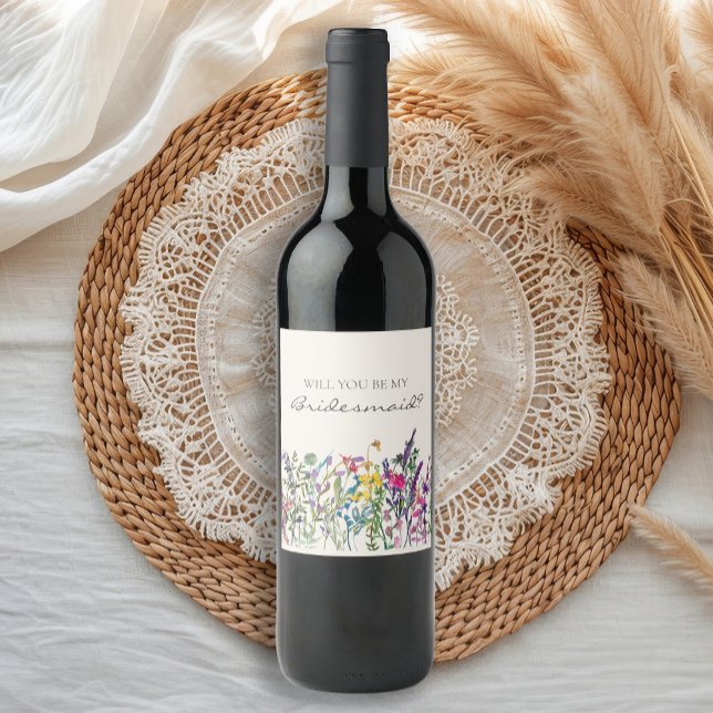 Wildblumen für Aquarellfarben Vorschlag für eine C Weinetikett (Watercolor wildflowers "Will you be my bridesmaid" bridal party proposal wine bottle labels)