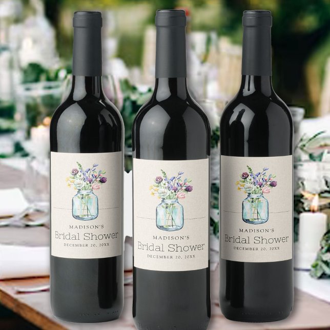 Wildblumen für Wasserfarben Linen Boho Brautparty Weinetikett (Von Creator hochgeladen)