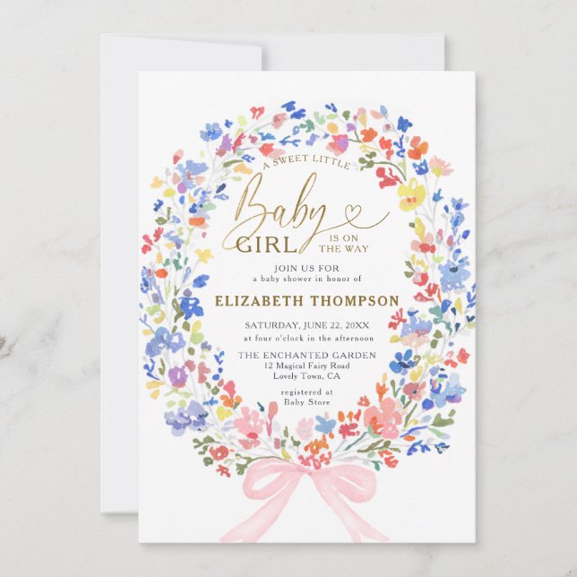 Wildblumen Garden Bow Sweet Baby Girl Dusche Einladung (Vorderseite)