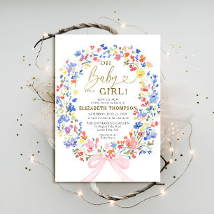 Wildblumen Garden Pink Bow Oh Baby Girl Dusche Einladung