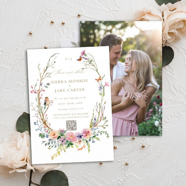 Wildblumen Garden QR Code Foto Hochzeitdatum Rett Einladung (garden wedding save the date photo QR code wildflowers enchanted woodland forest butterflies bird)