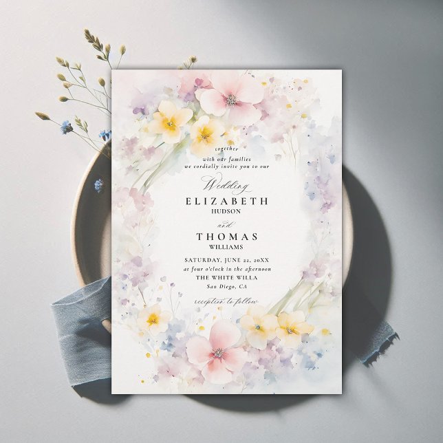 Wildblumen Garten Delikatessen Moderne Elegante Ho Einladung (wildflower wedding theme invitation delicate watercolor meadow modern classic formal elegant)