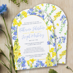 Wildblumen-Gelb-Blau-Aquarell-Bogen-Hochzeit Einladung